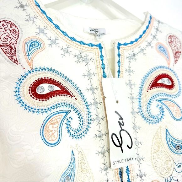 Style Italy White Brocade Colorful Metallic Embroidered Paisley Blazer - Picture 12 of 16